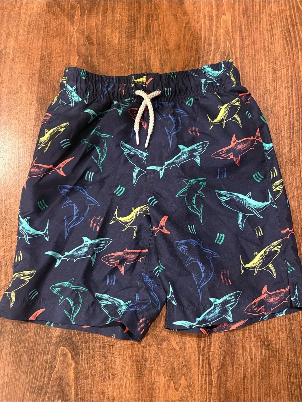 Kids Navy Shark Print Swim Trunks